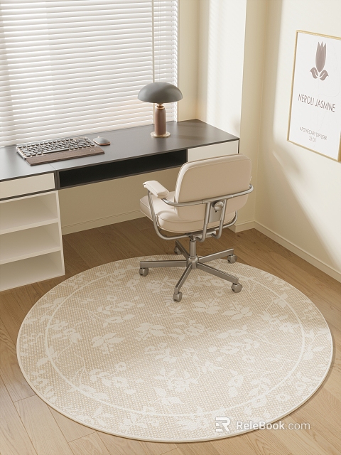 Bedroom With Desk Keyboard Lamp Beige Chair Round Rug Wooden Floor Blinds And Wall Print 3d model 