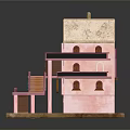 Pink Multi Story Building Model with Exterior Staircase Balcony and Decorative Roof