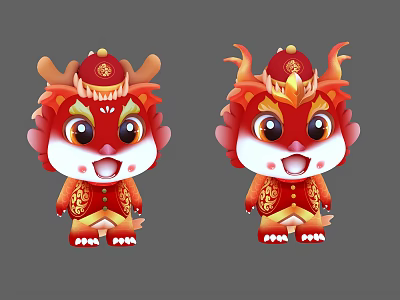 Red Dragon Shaped Dolls With Gold Decorations And Cute Expressions In Traditional Style 3d model