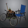 Outdoor Relaxation Setup With Bicycle Blue Chair Tree Stump Table Potted Plant And Garden Tool