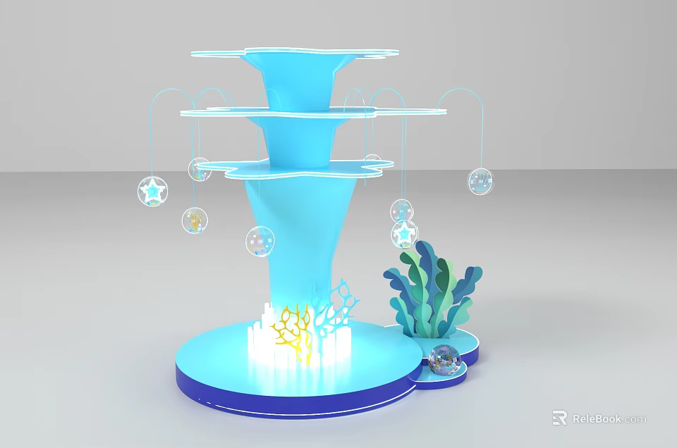 Blue Layered Photo Check-in Spot With Starfish Bubbles And Seaweed Decor 3d model 