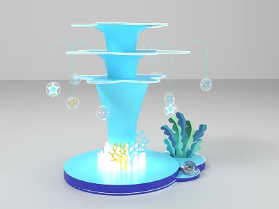 Blue Layered Photo Check-in Spot With Starfish Bubbles And Seaweed Decor 3d model