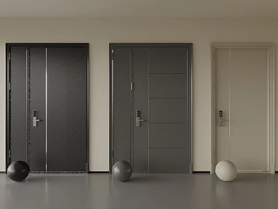 Interior Design Featuring Three Different Colored Doors With Black Gray White Spheres In Front 3d model