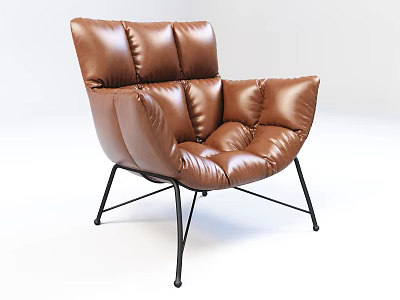 Brown Leather Single Sofa With Plush Cushions And Black Metal Legs Modern Design 3d model