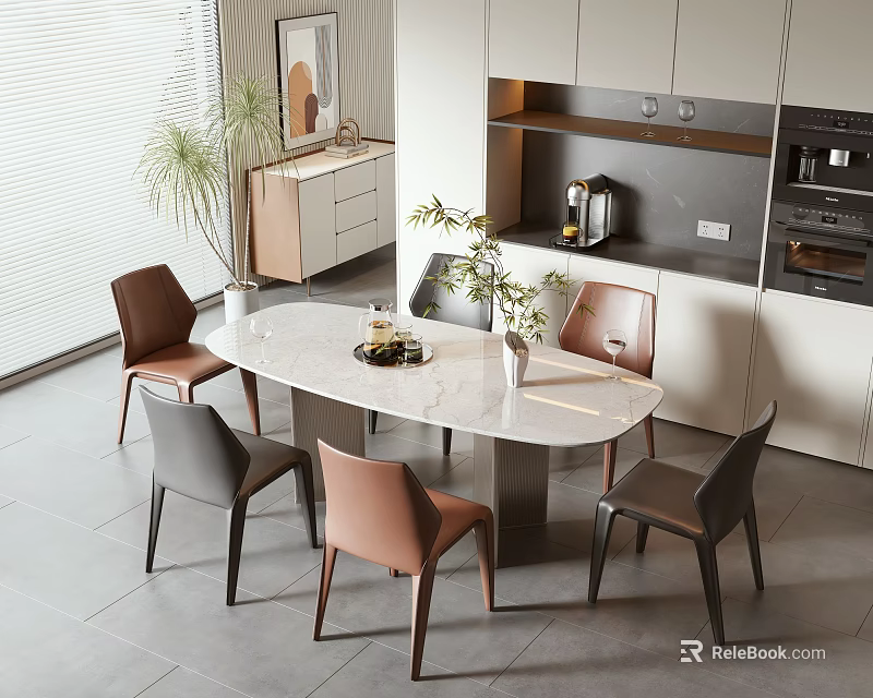 Modern Open Concept Kitchen Dining Table Set With Marble Tabletop And Multi Colored Chairs 3d model