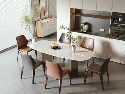 Modern Open Concept Kitchen Dining Table Set With Marble Tabletop And Multi Colored Chairs 3d model