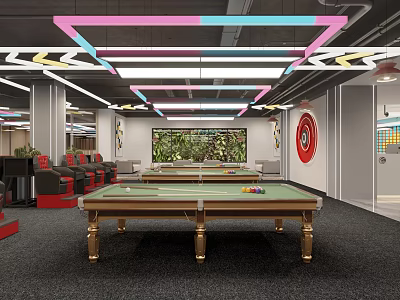 Modern Billiard Room Interior With Green Pool Table And Colorful Ceiling Lights 3d model