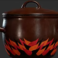 Brown Ceramic Cookware with Lid Two Handles and Flame Pattern Design 3d model