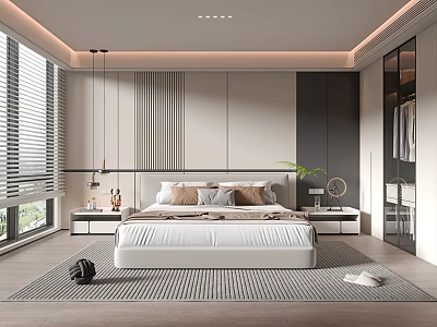 Modern Bedroom Interior With Bed Bedside Tables Pendant Lights Built In Wardrobe And Green Plant 3d model