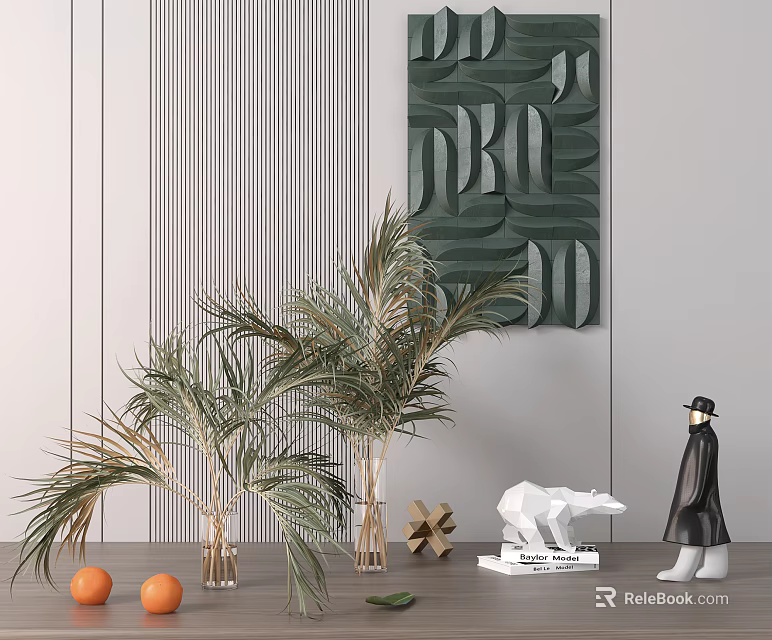 Decorative Ornament Set With Green Leaf Art Palm Plant Glass Vases Oranges And Figurines 3d model 