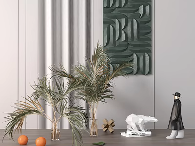 Decorative Ornament Set With Green Leaf Art Palm Plant Glass Vases Oranges And Figurines 3d model