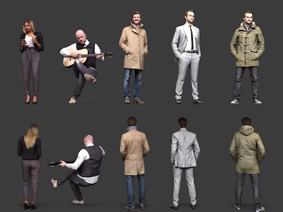 Group of People in Different Poses and Outfits with Front Back Views 3d model