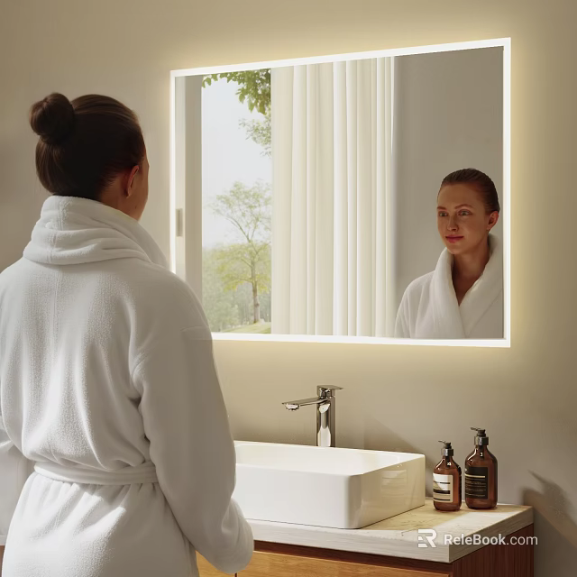 Elegant Bathroom With Lighted Mirror White Sink Bathrobe Toiletries And Window View 3d model 