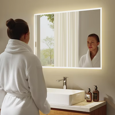 Elegant Bathroom With Lighted Mirror White Sink Bathrobe Toiletries And Window View 3d model
