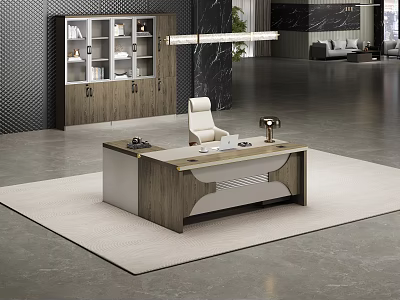 Modern Office Desk With White Chair Table Lamp And Cabinets In Spacious Room 3d model