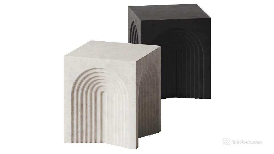 Modern Minimalist Two Light Gray and Black Cube Side Tables with Curved Groove Details 3d model 