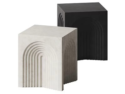 Modern Minimalist Two Light Gray and Black Cube Side Tables with Curved Groove Details 3d model