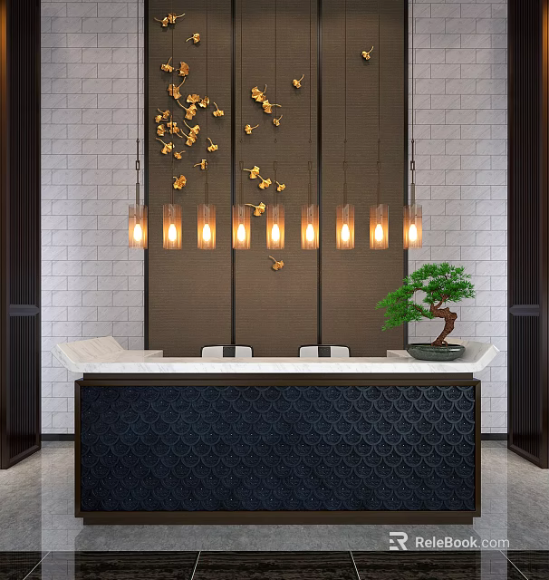 Modern Reception Desk Interior With Hanging Lights Bonsai And Decorative Background Wall 3d model