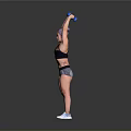 Active Woman Lifting Blue Dumbbells Over Head In Sport Bra And Shorts