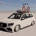 White Mercedes SUV With Red Bicycles Mounted On Roof Rack In Modern Indoor Garage