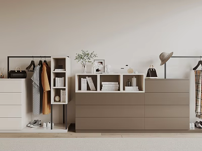 Modern Shoe Cabinet with Storage Drawers Hanging Rack and Decorative Plants 3d model