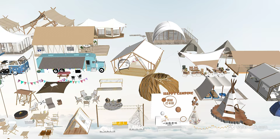 Various Outdoor Camping Tents And Equipment With Camping Car Tables And Chairs 3d model 