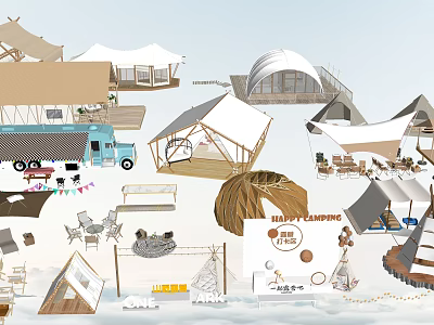 Various Outdoor Camping Tents And Equipment With Camping Car Tables And Chairs 3d model