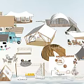 Various Outdoor Camping Tents And Equipment With Camping Car Tables And Chairs