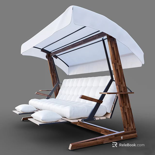 Comfortable Hanging Chair With Wooden Frame White Canopy And Padded Seat 3d model 