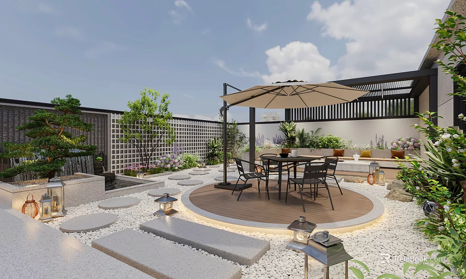 Serene Rooftop Garden Design With Outdoor Dining Set Patio Umbrella Stone Pathways And Greenery 3d model 