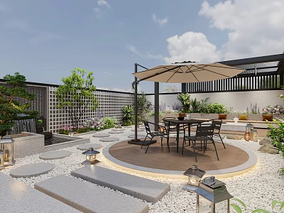 Serene Rooftop Garden Design With Outdoor Dining Set Patio Umbrella Stone Pathways And Greenery 3d model