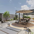 Serene Rooftop Garden Design With Outdoor Dining Set Patio Umbrella Stone Pathways And Greenery