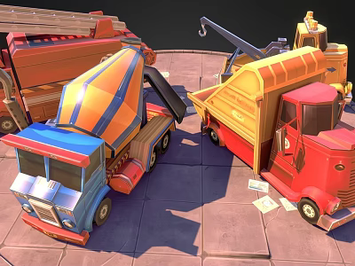 Vibrant Colored Functional Vehicles Including Blue Red Orange Dump And Concrete Mixer Trucks 3d model