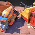 Vibrant Colored Functional Vehicles Including Blue Red Orange Dump And Concrete Mixer Trucks