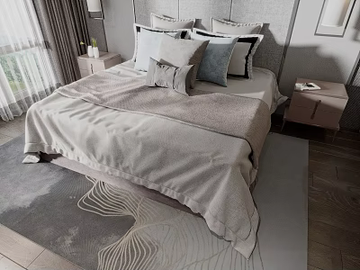 Double Bed with Multiple Pillows Light Colored Blanket Nightstands and Wave Patterned Rug 3d model