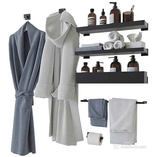 Stylish Bathroom Accessories With Robes Towels Shelves Towel Rack And Toiletries Bottles 3d model 