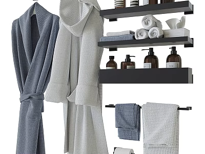 Stylish Bathroom Accessories With Robes Towels Shelves Towel Rack And Toiletries Bottles 3d model