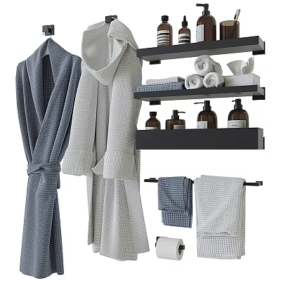 Stylish Bathroom Accessories With Robes Towels Shelves Towel Rack And Toiletries Bottles 3d model
