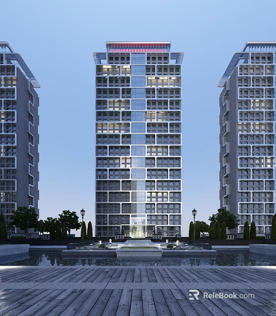 Modern High Rise Residential Building With Glass Windows Exterior And Water Feature Greenery 3d model 