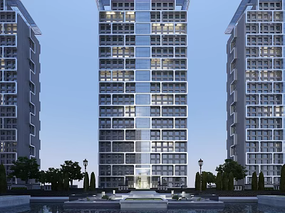 Modern High Rise Residential Building With Glass Windows Exterior And Water Feature Greenery 3d model