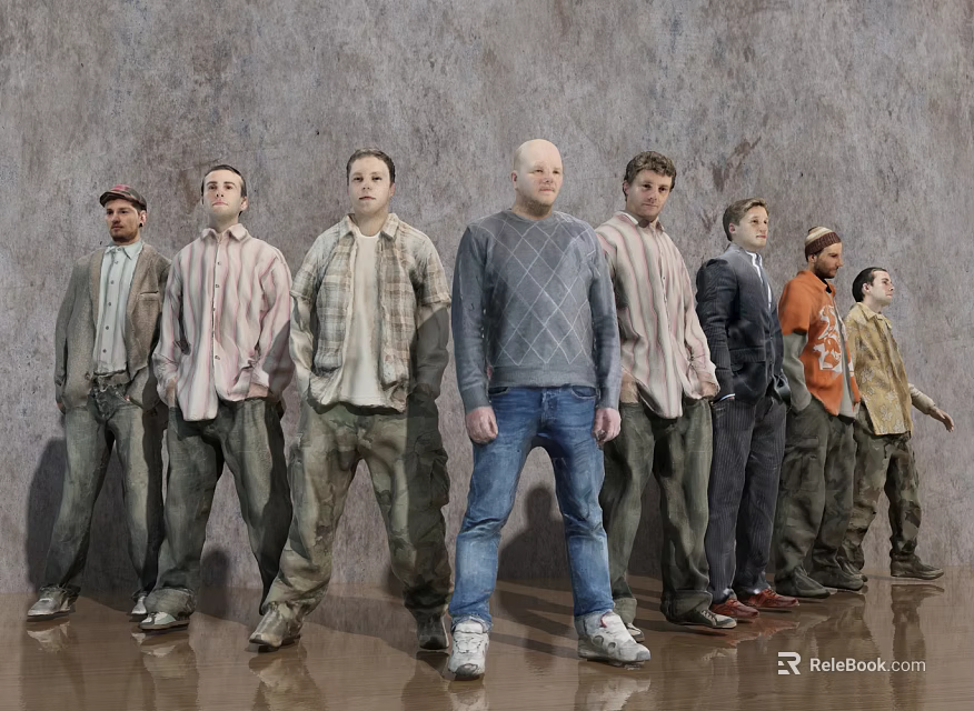Group of People Standing Together in Various Clothing with Gray Wall and Wooden Floor 3d model 