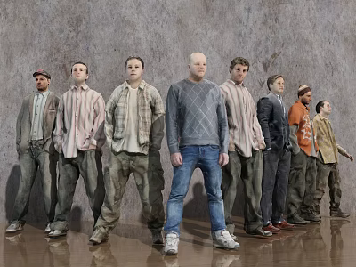 Group of People Standing Together in Various Clothing with Gray Wall and Wooden Floor 3d model