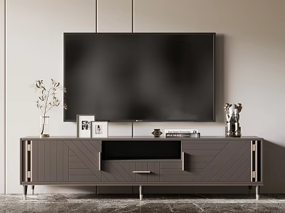 Modern Gray TV Stand With TV Decorative Vase Photo Frame And Trophy Storage 3d model