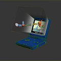 Blue Clamshell Handheld Gaming Computer With Screen Displaying 3D Game Characters Flying 3d model