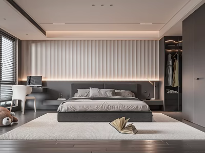 Modern Bedroom Interior With Paneled Headboard Wall Bed Built In Wardrobe And Desk Rug 3d model