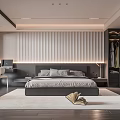 Modern Bedroom Interior With Paneled Headboard Wall Bed Built In Wardrobe And Desk Rug