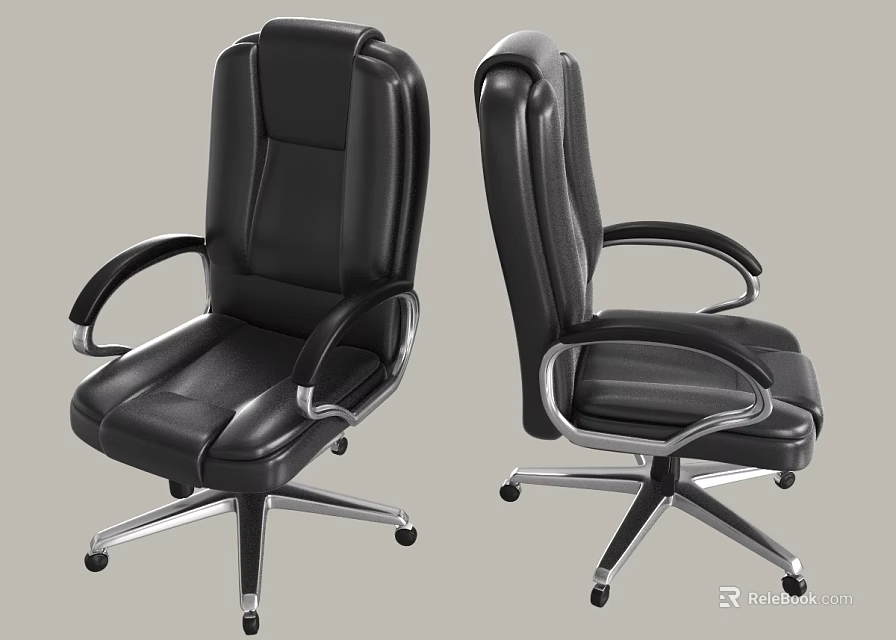 Modern Black Leather Office Chair with Metal Armrests and Five Star Casters 3d model 