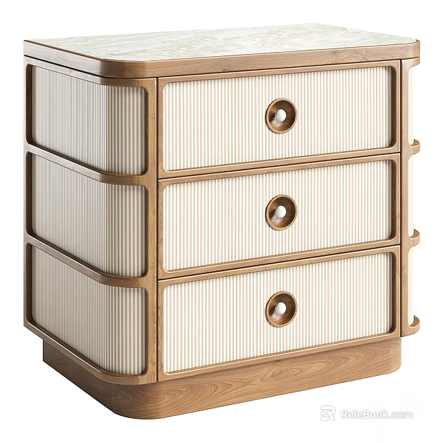 Wooden Chest of Drawers with White Striped Fronts and Round Metal Knobs 3d model 