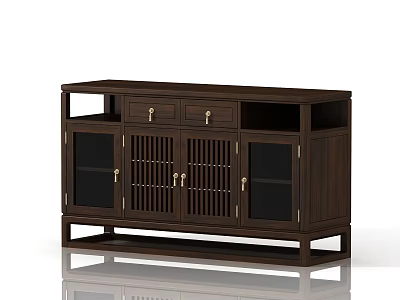 Dark Wooden Sideboard With Drawers Lattice Doors And Glass Cabinet Design 3d model