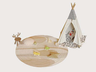 Stylish Beige Kids Play Teepee Tent With Round Play Mat And Adorable Small Wooden Toys 3d model